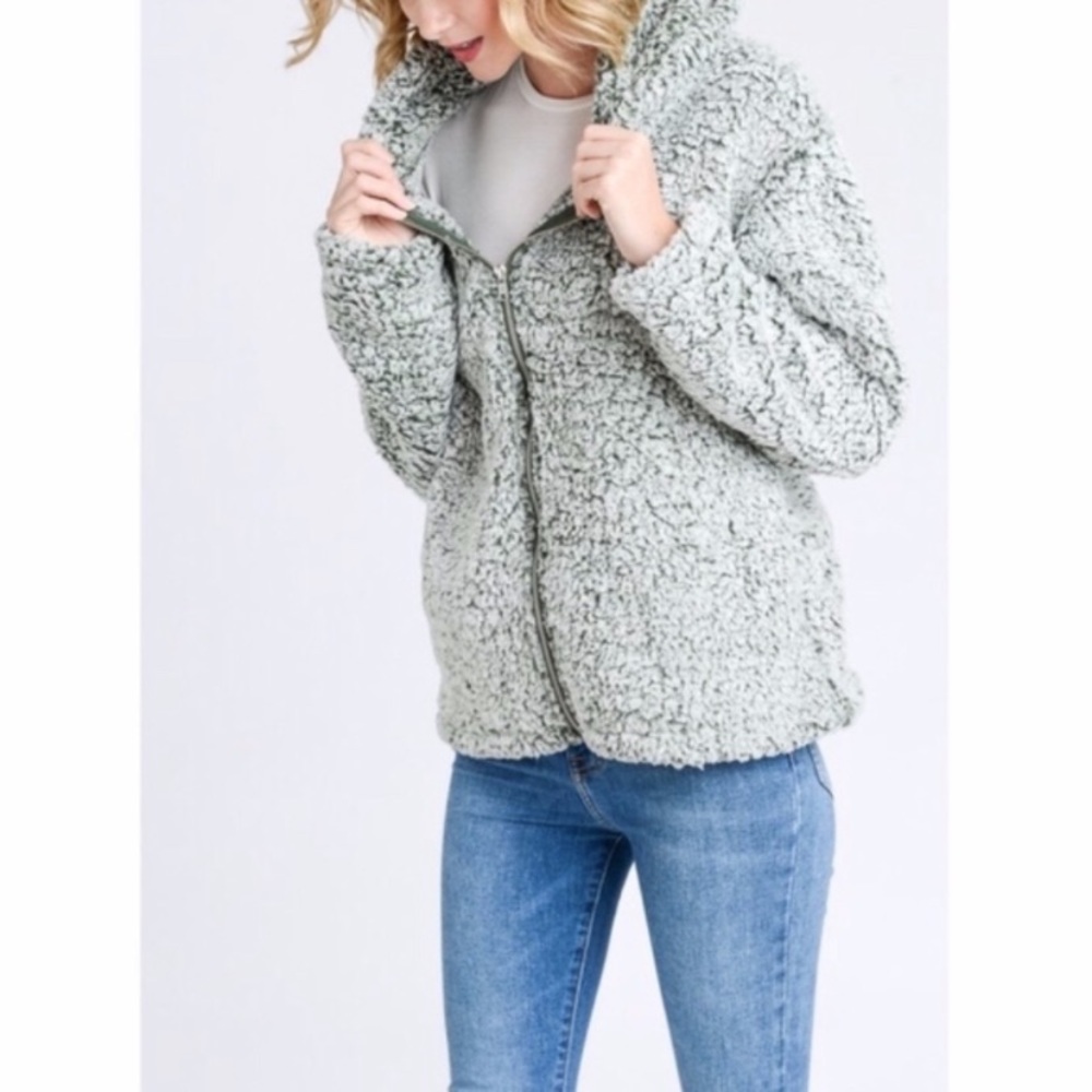 Olive green and white Sherpa hooded zip up jacket Small S Medium M - Picture 7 of 8